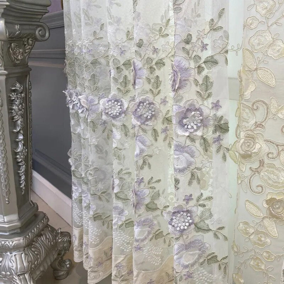 Fabric Window Curtains For Bedroom With 3D Flowers / Ruchi