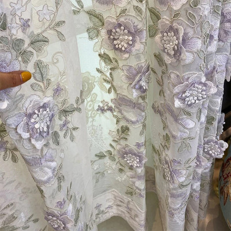 Fabric Window Curtains For Bedroom With 3D Flowers / Ruchi