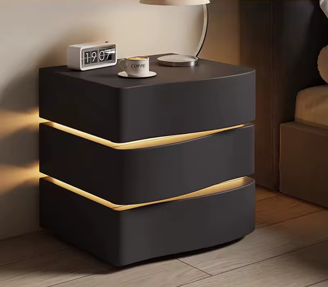 Solid Wooden Leather Bedside Table With LED / Ruchi