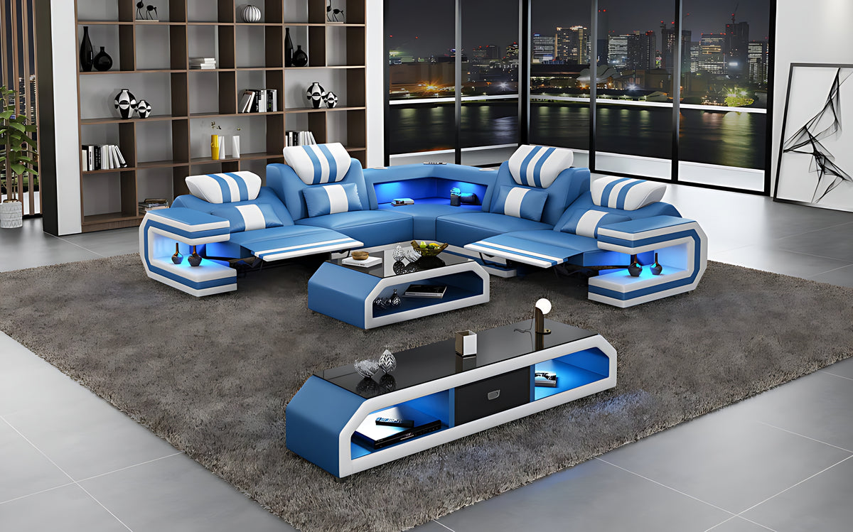 Power Reclining LED Leather Sectional Sofa / Ruchi