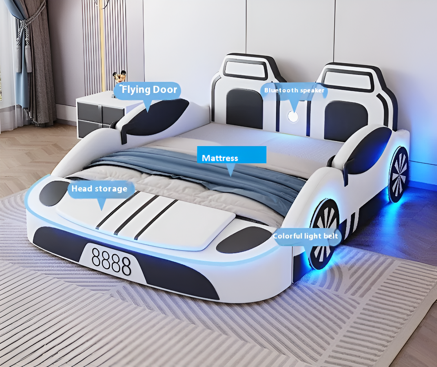 LED Leather Car Bed for Children