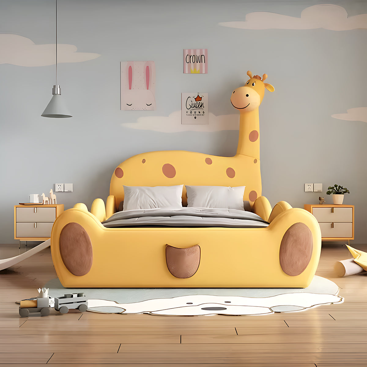 Giraffe Themed Velvet Leather Kids Bed / Ruchi