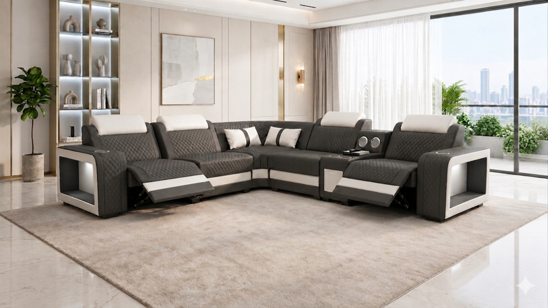 Genuine Leather Electric Recliner Sofa And Coffee Table With LED / Ruchi