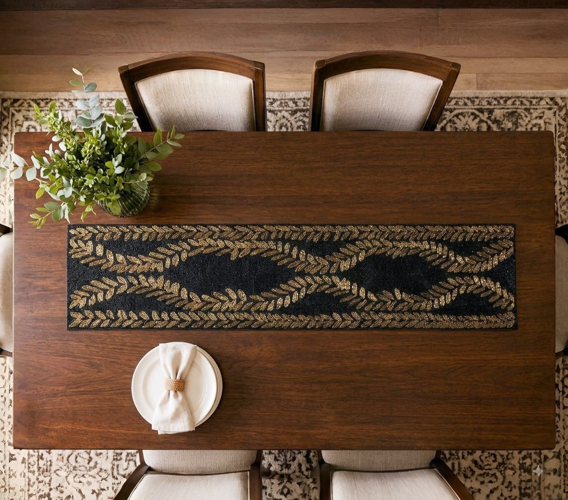 Handcrafted Black & Gold Beaded Table Runner / Ruchi