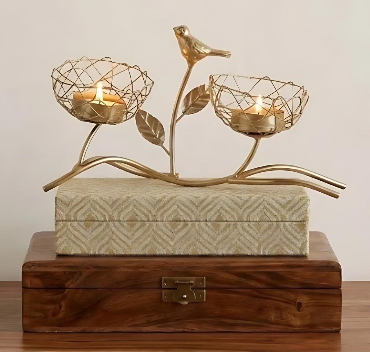 Golden Metal Bird And Branch Tealight Candle Holder / Ruchi