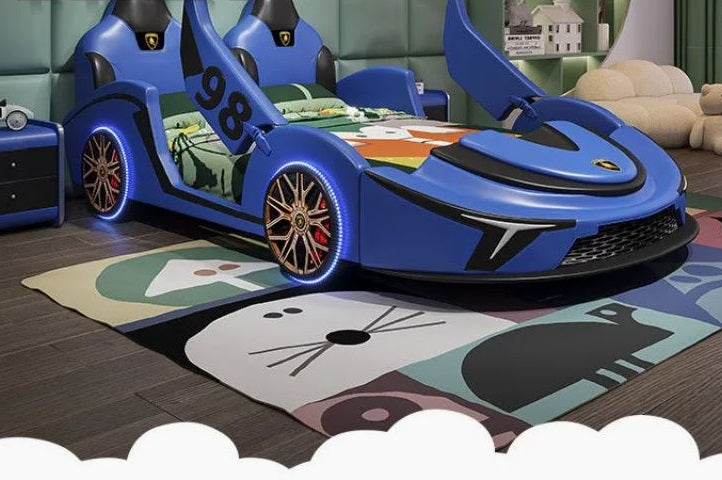 LED Car Leather Kids Bed With Storage
