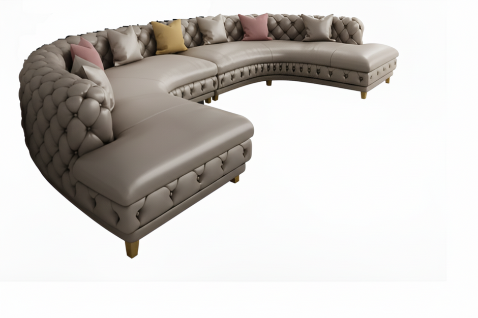 Curved Button Tufted Leather Sectional Sofa / Ruchi
