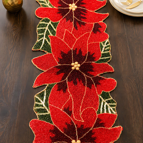 Red Green Beaded Floral Runner / Ruchi