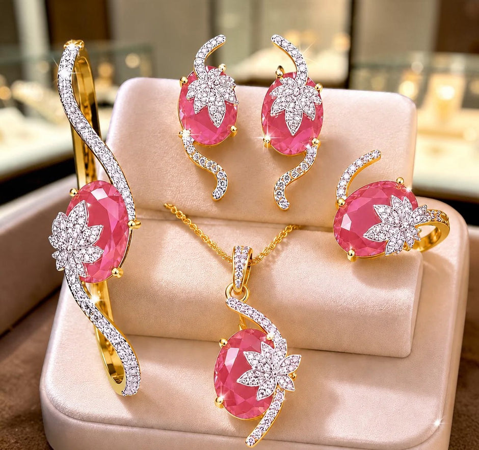 4 Piece Sparkling Leaf American Diamond Jewelry Set