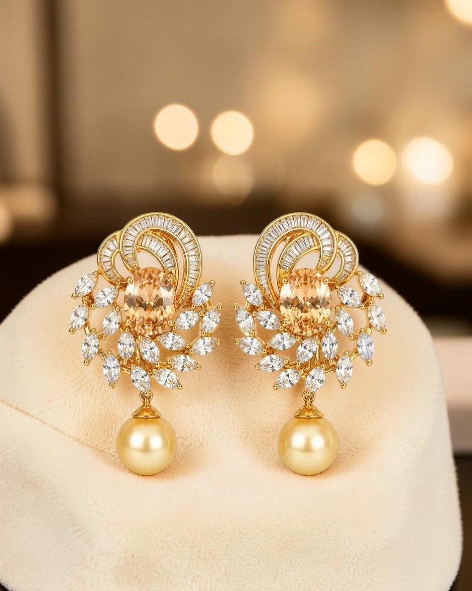 Exquisite Crystal Stone Pearl Drop Earrings / Ruchi