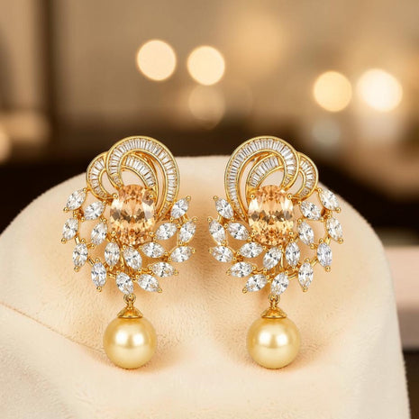 Exquisite Crystal Stone Pearl Drop Earrings / Ruchi
