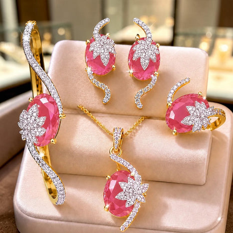 4 Piece Sparkling Leaf American Diamond Jewelry Set
