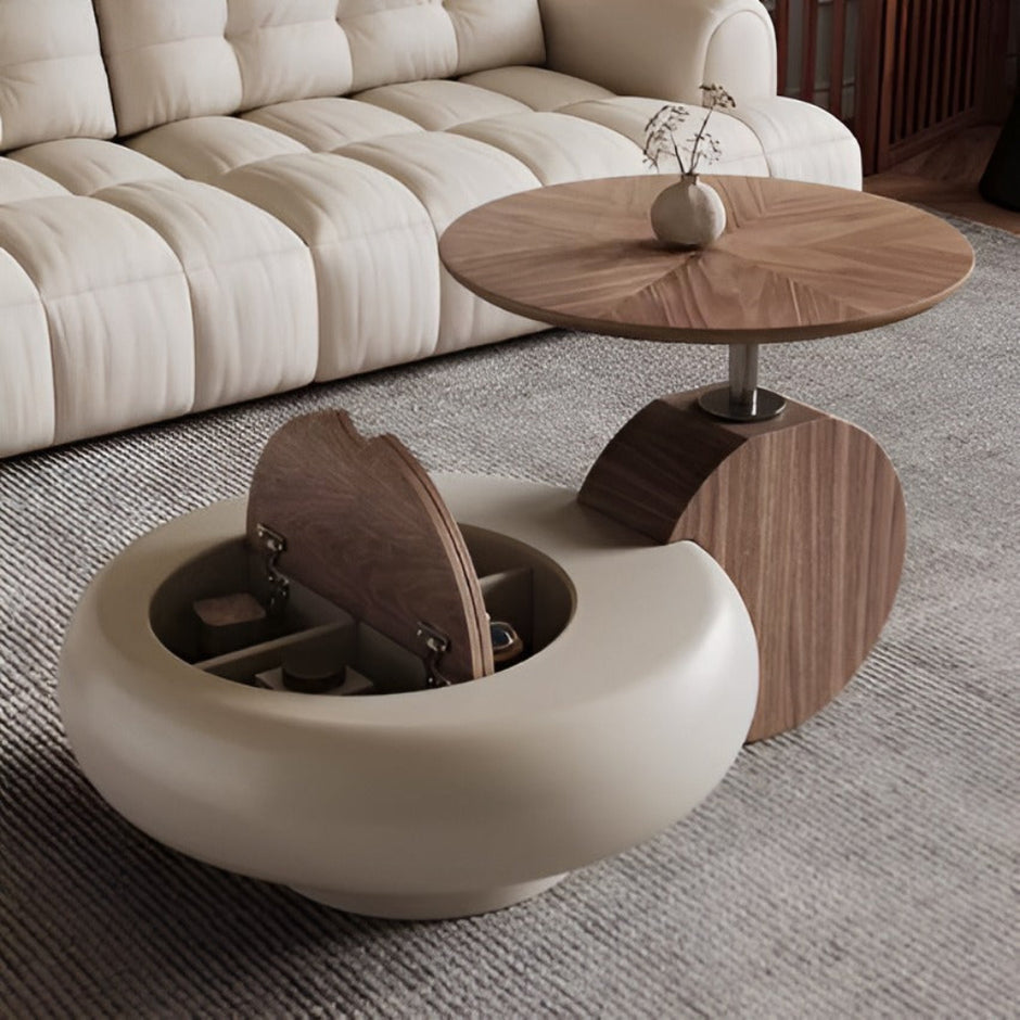 Extendable Round Wooden Coffee Table With Storage