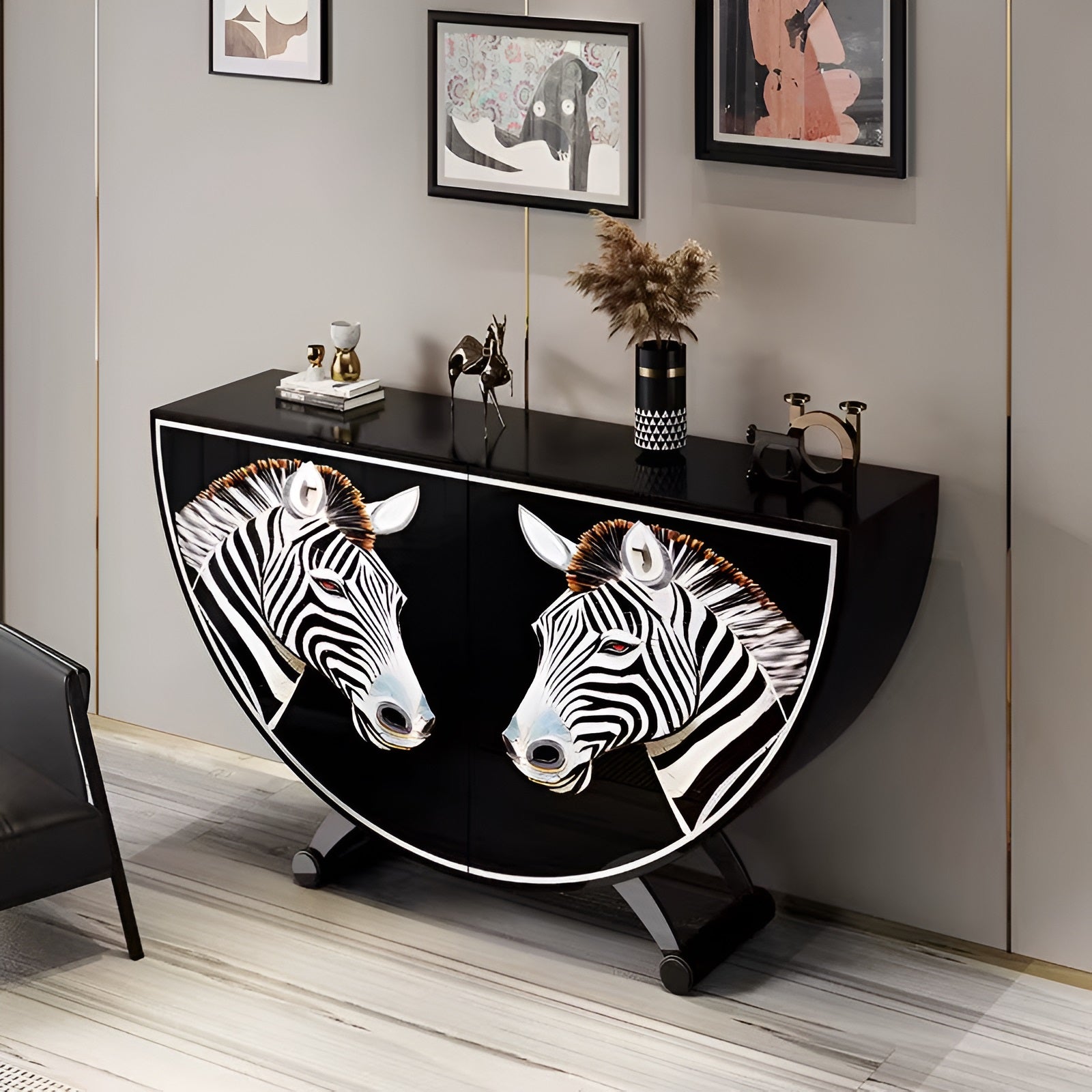 Painted Zebra Wooden Buffet Table With Storage / Ruchi