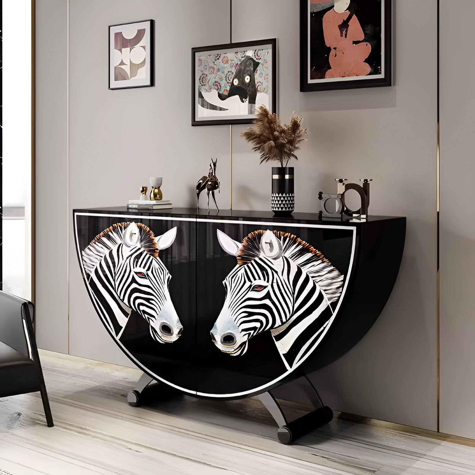 Painted Zebra Wooden Buffet Table With Storage / Ruchi