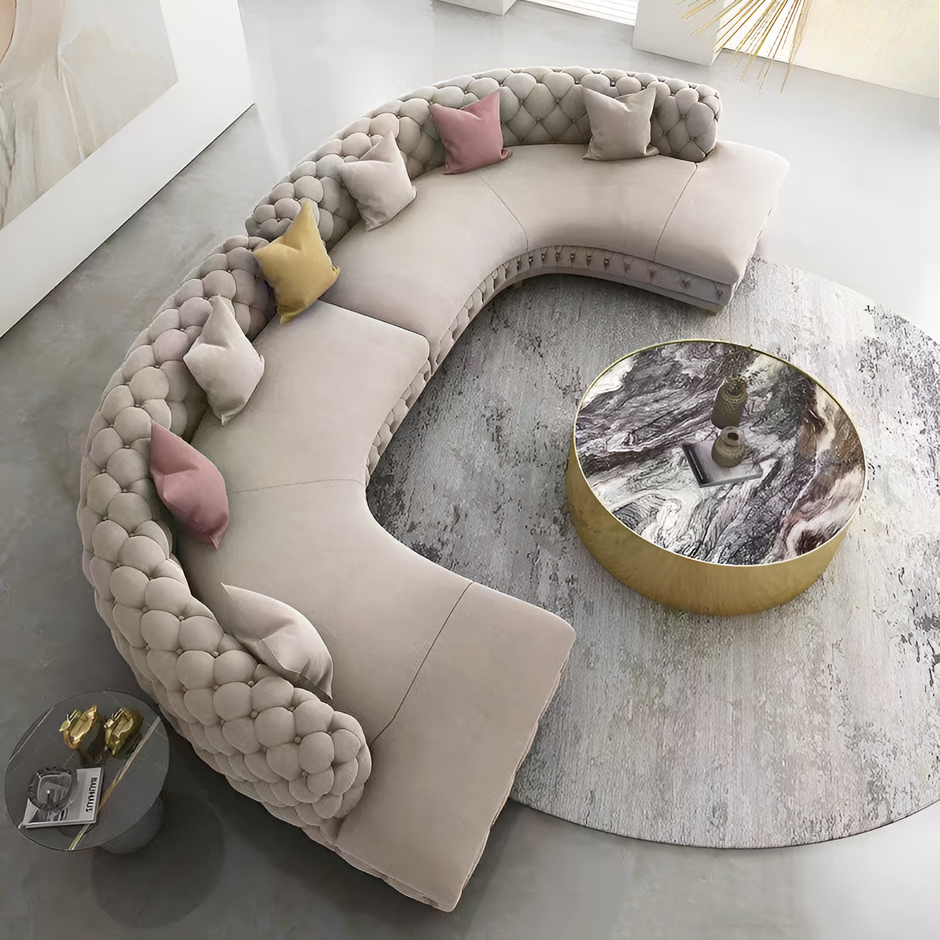 Curved Button Tufted Leather Sectional Sofa