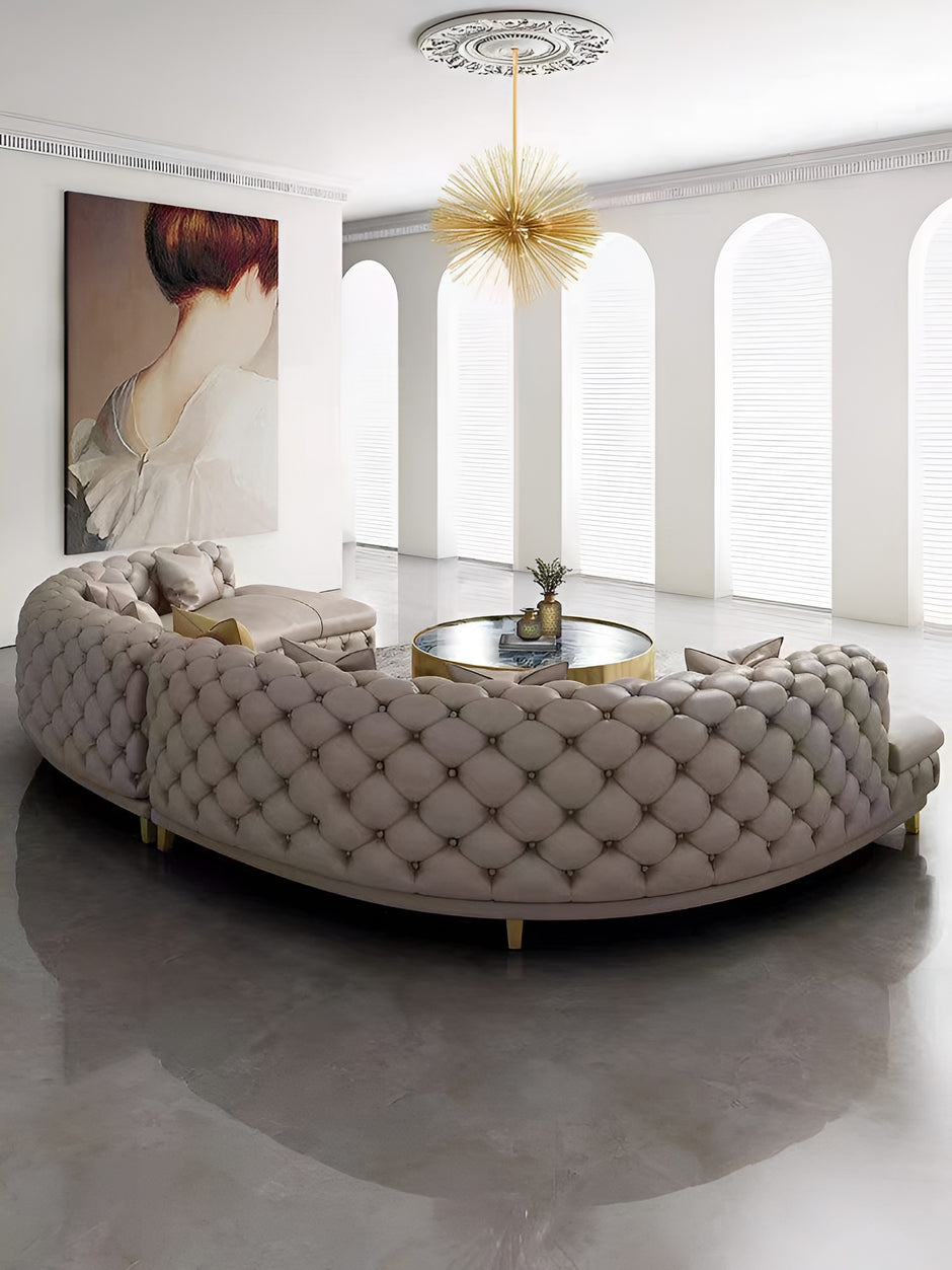 Curved Button Tufted Leather Sectional Sofa / Ruchi