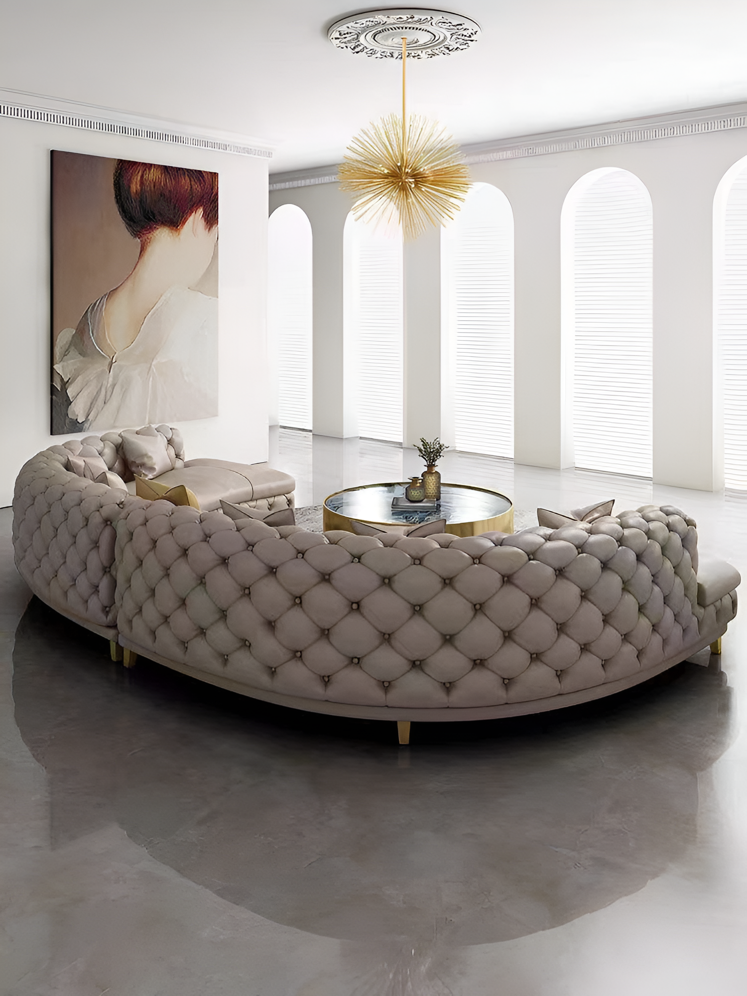 Curved Button Tufted Leather Sectional Sofa