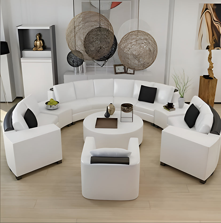 Opulent White Leather Round Sectional Sofa Set / Ruchi