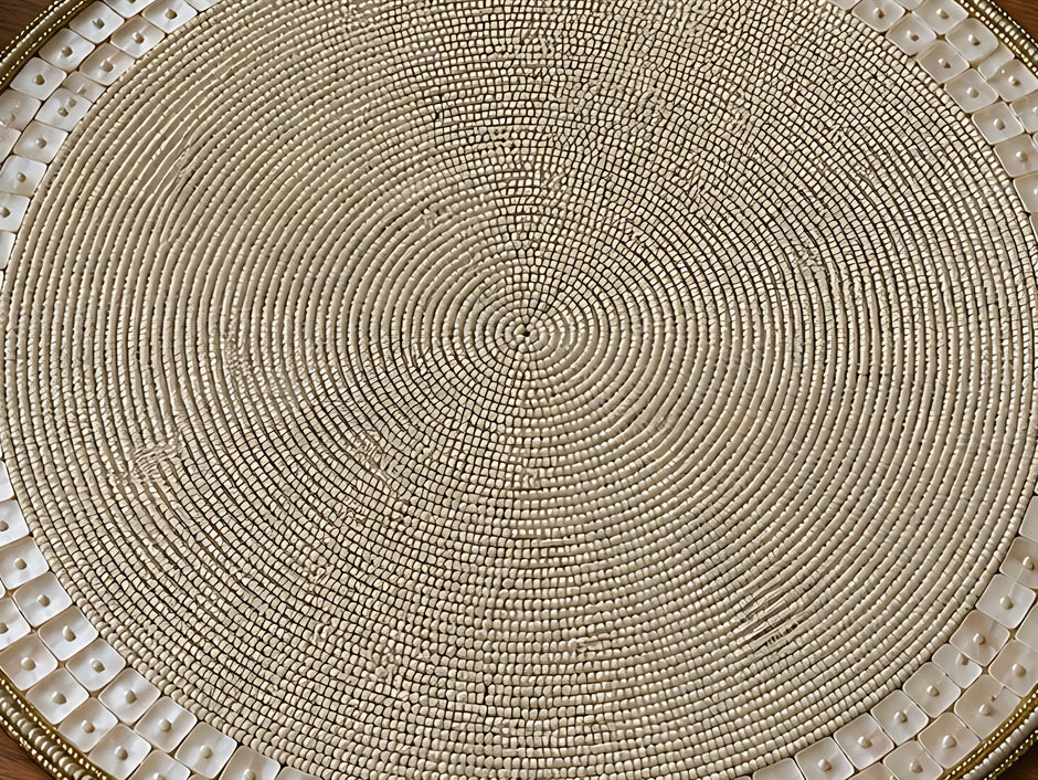 Elegant Pearl White & Gold Beaded Round Placemat / Ruchi