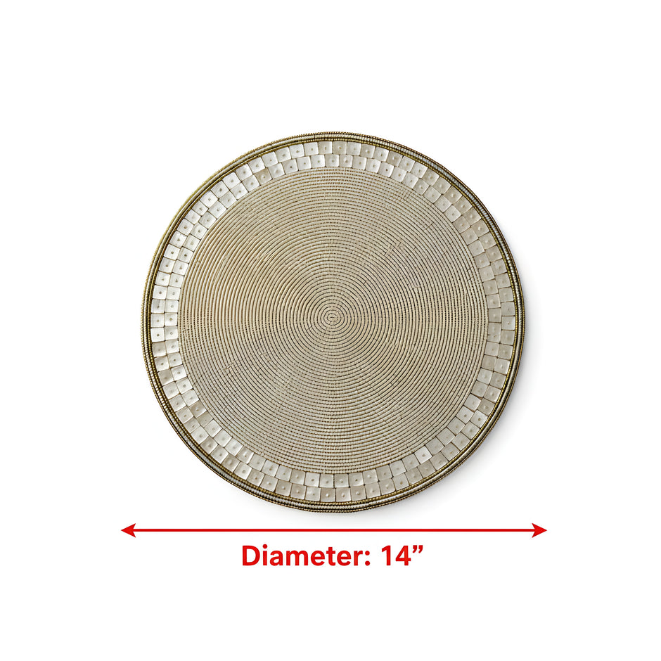Elegant Pearl White & Gold Beaded Round Placemat / Ruchi