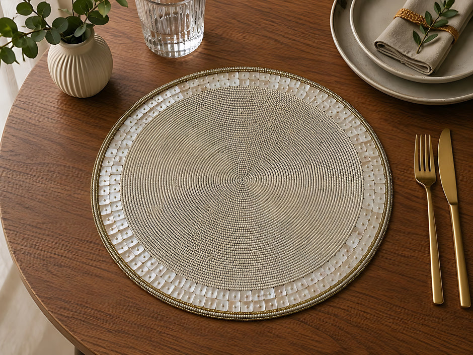 Elegant Pearl White & Gold Beaded Round Placemat / Ruchi