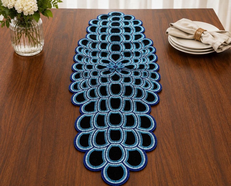Midnight Blue Mosaic Beaded Table Runner / Ruchi