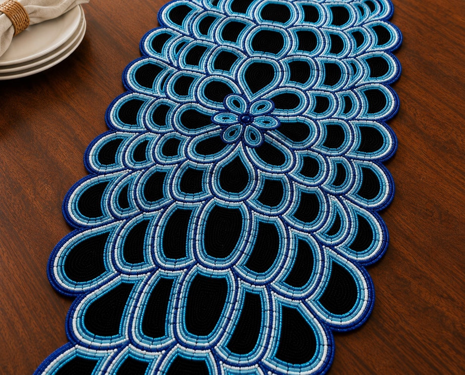 Midnight Blue Mosaic Beaded Table Runner / Ruchi