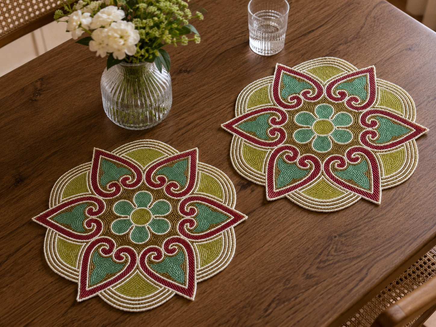 Decorative Floral Medallion Beaded Placemat Set of 2 / Ruchi