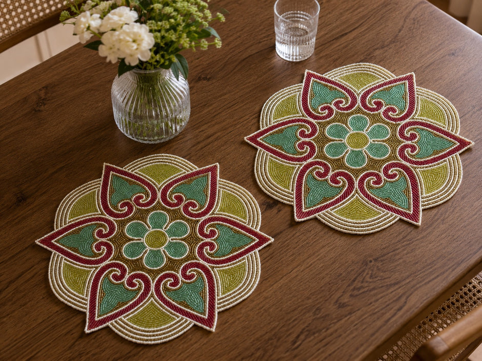 Decorative Floral Medallion Beaded Placemat Set of 2 / Ruchi