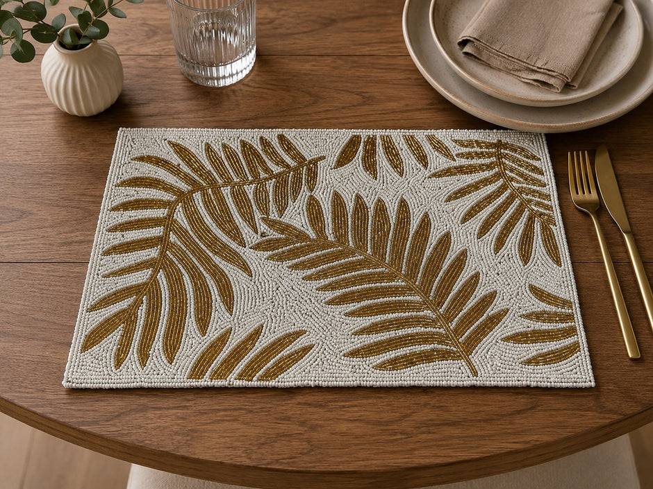 Elegant Gold Leaf Beaded Rectangular Placemat Set of 2 / Ruchi