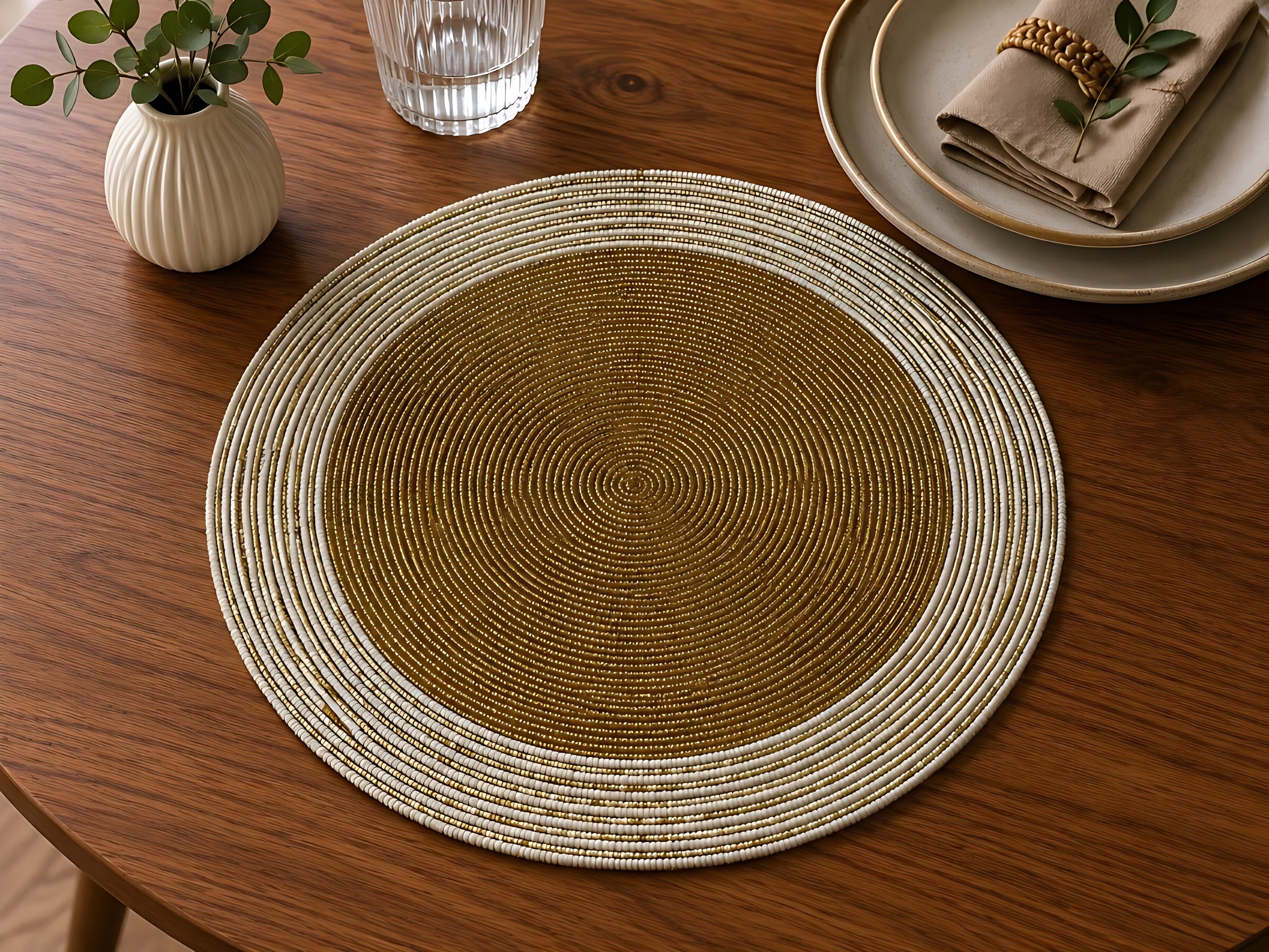 Elegant Gold & Pearl White Beaded Round Placemat / Ruchi
