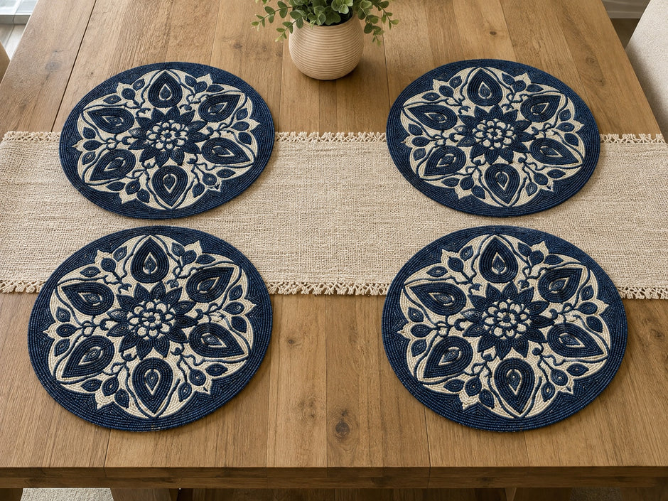 Set of 2 Navy Blue & Beige Floral Beaded Round Placemat / Ruchi