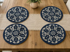 Set of 2 Navy Blue & Beige Floral Beaded Round Placemat / Ruchi