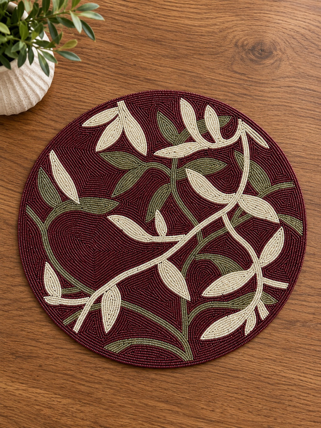 Botanical Floral Beaded Round Placemat Set of 2 / Ruchi