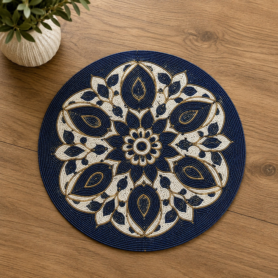 Elegant Navy Blue Floral Beaded Round Placemat Set of 2 / Ruchi