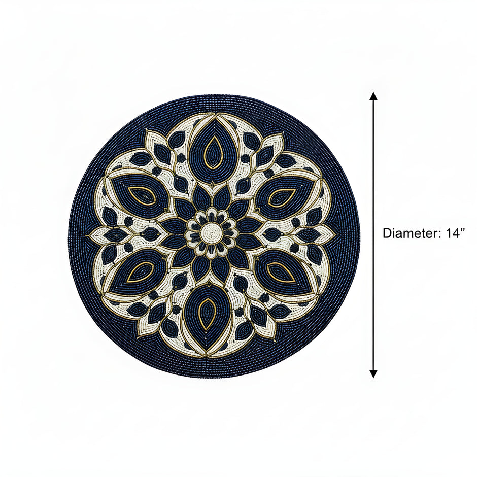 Elegant Navy Blue Floral Beaded Round Placemat Set of 2 / Ruchi