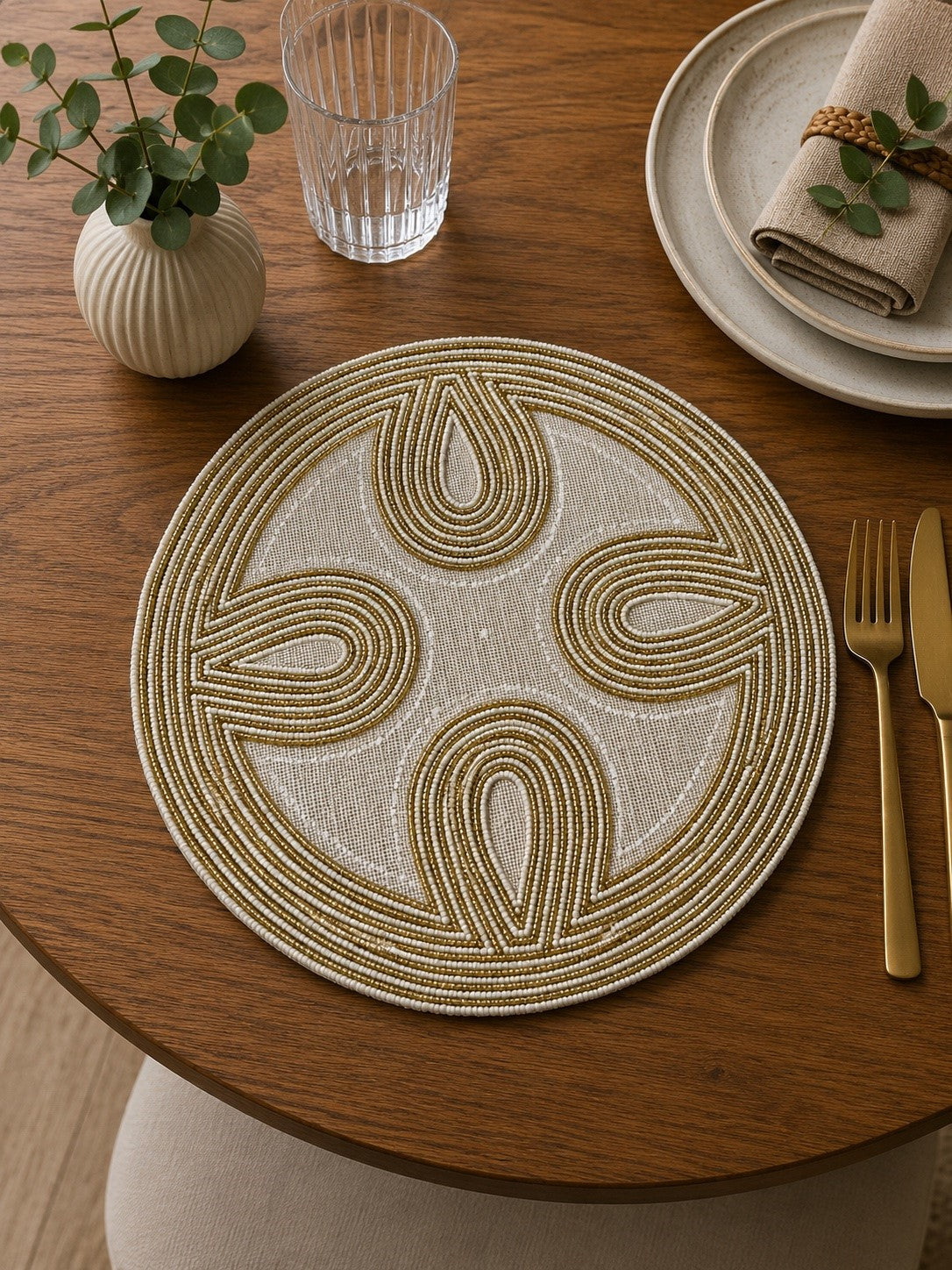 Elegant Ivory & Gold Beaded Round Placemat Set of 2 / Ruchi