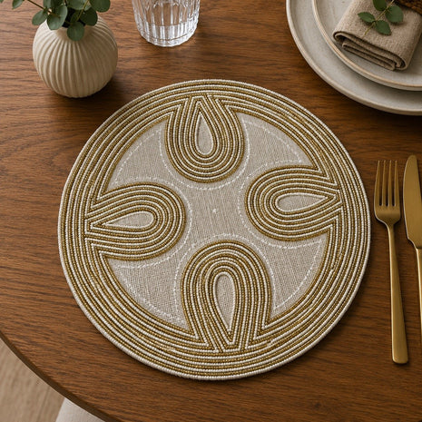Elegant Ivory & Gold Beaded Round Placemat Set of 2 / Ruchi