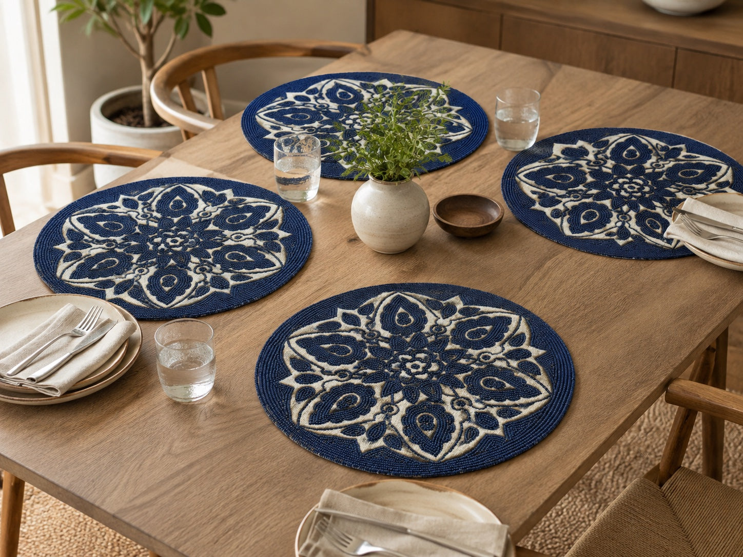Set of 2 Navy Blue & Beige Floral Beaded Round Placemat / Ruchi