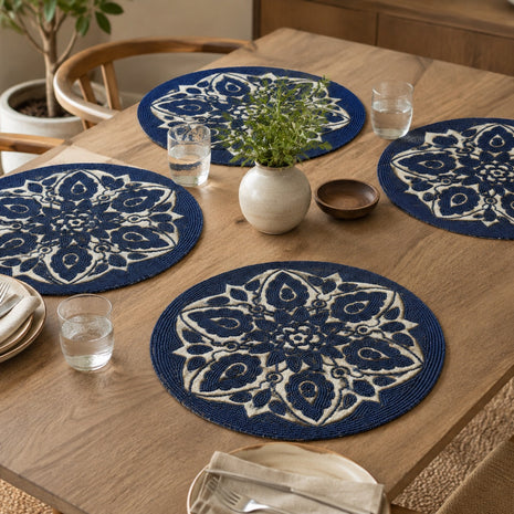 Set of 2 Navy Blue & Beige Floral Beaded Round Placemat / Ruchi