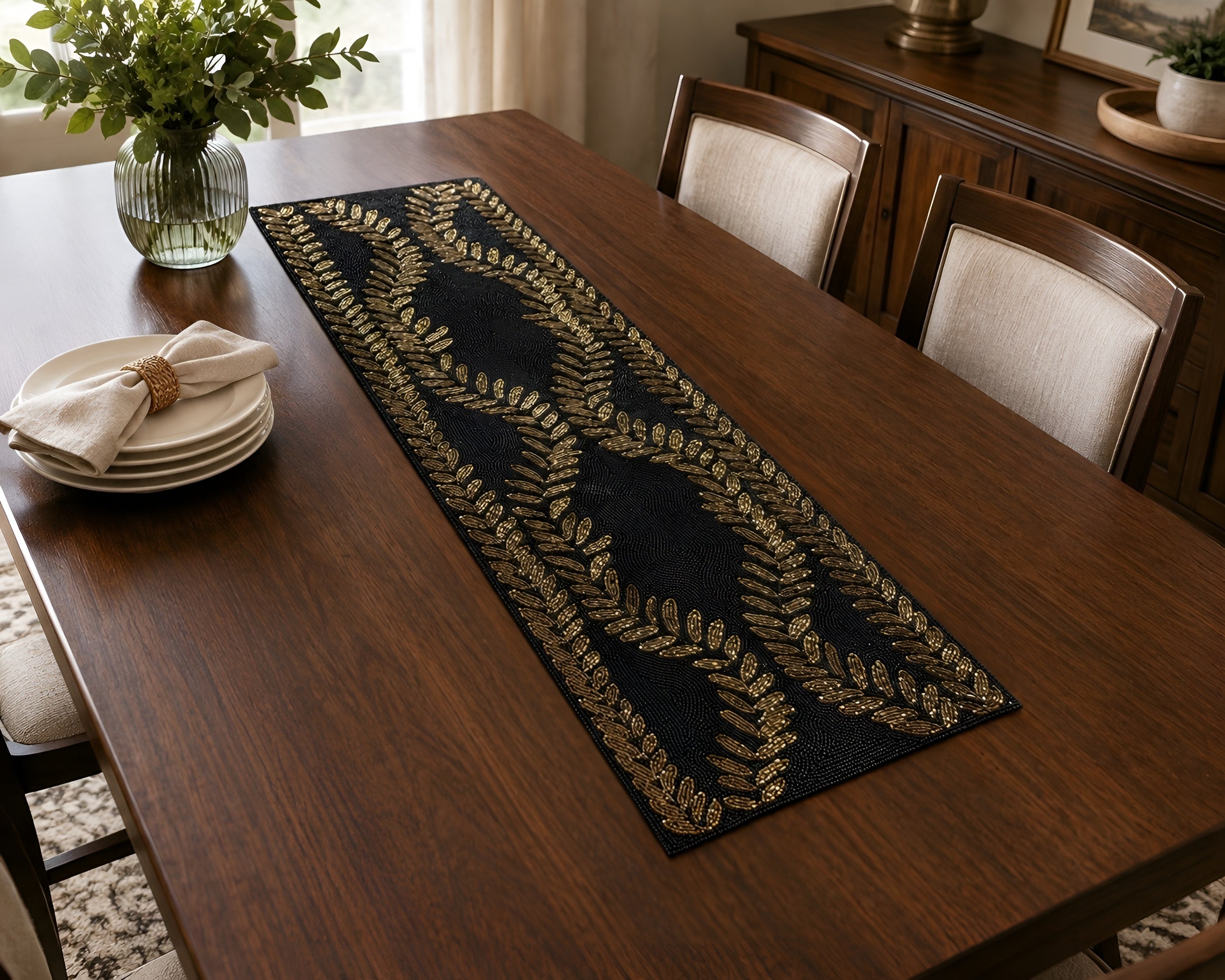 Handcrafted Black & Gold Beaded Table Runner / Ruchi