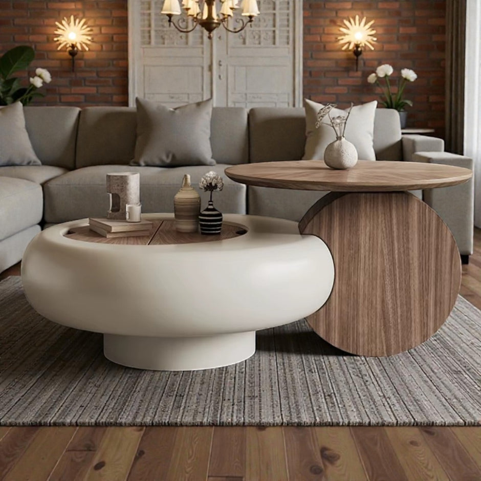Extendable Round Wooden Coffee Table With Storage / Ruchi 