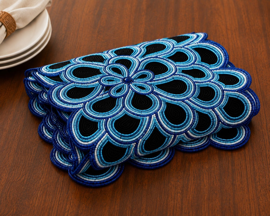Midnight Blue Mosaic Beaded Table Runner / Ruchi