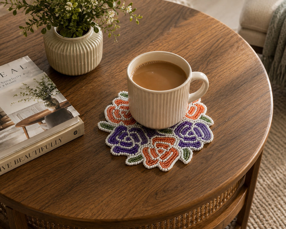 Multicolor Floral Beaded Round Table Coaster Set of 2 / Ruchi