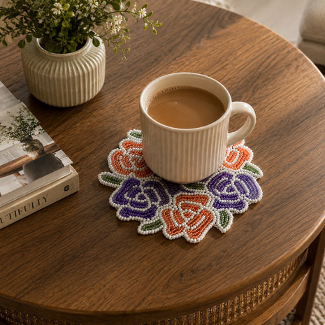 Multicolor Floral Beaded Round Table Coaster Set of 2 / Ruchi