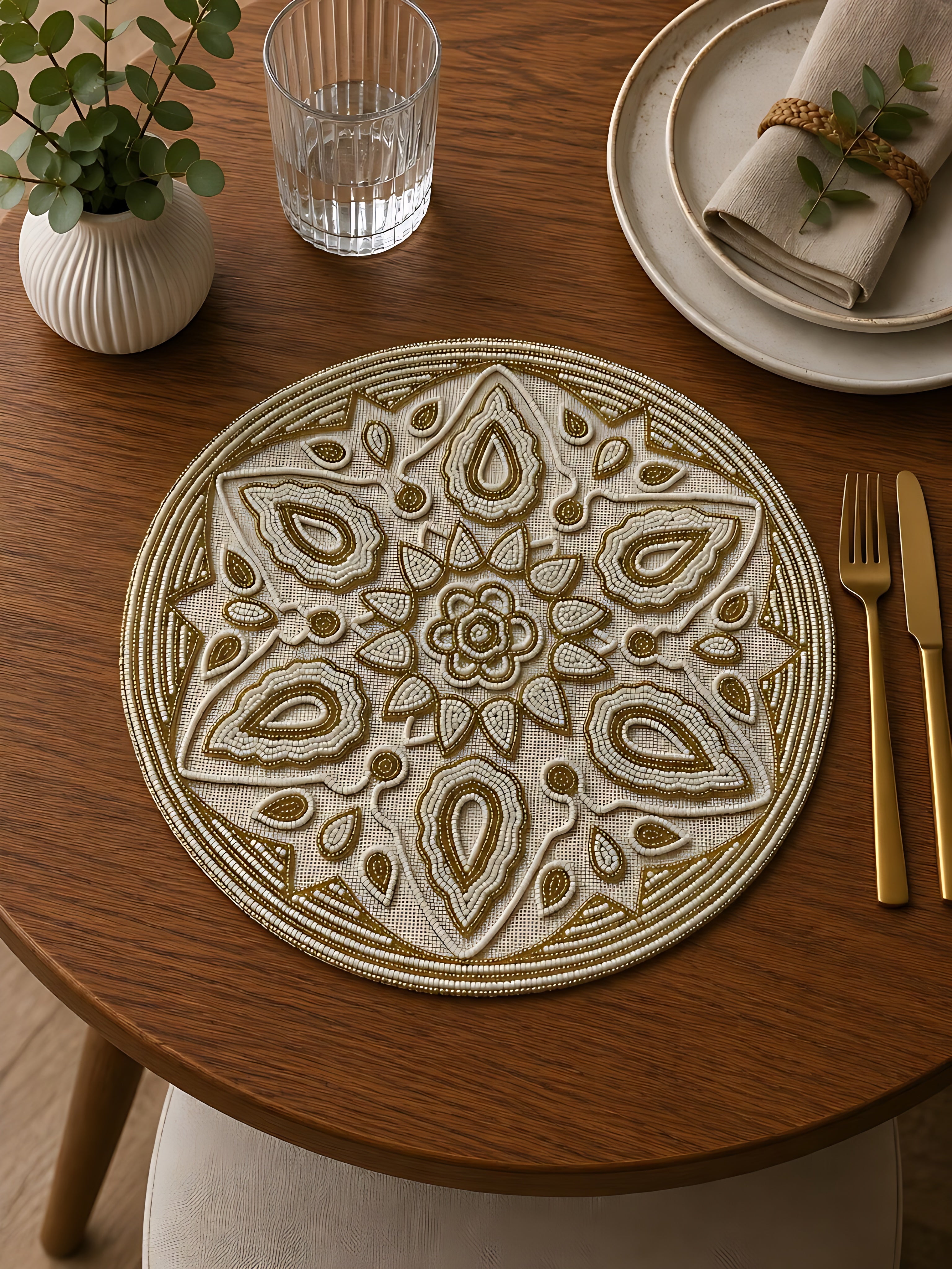 Ornate Gold & Ivory Beaded Round Placemat / Ruchi