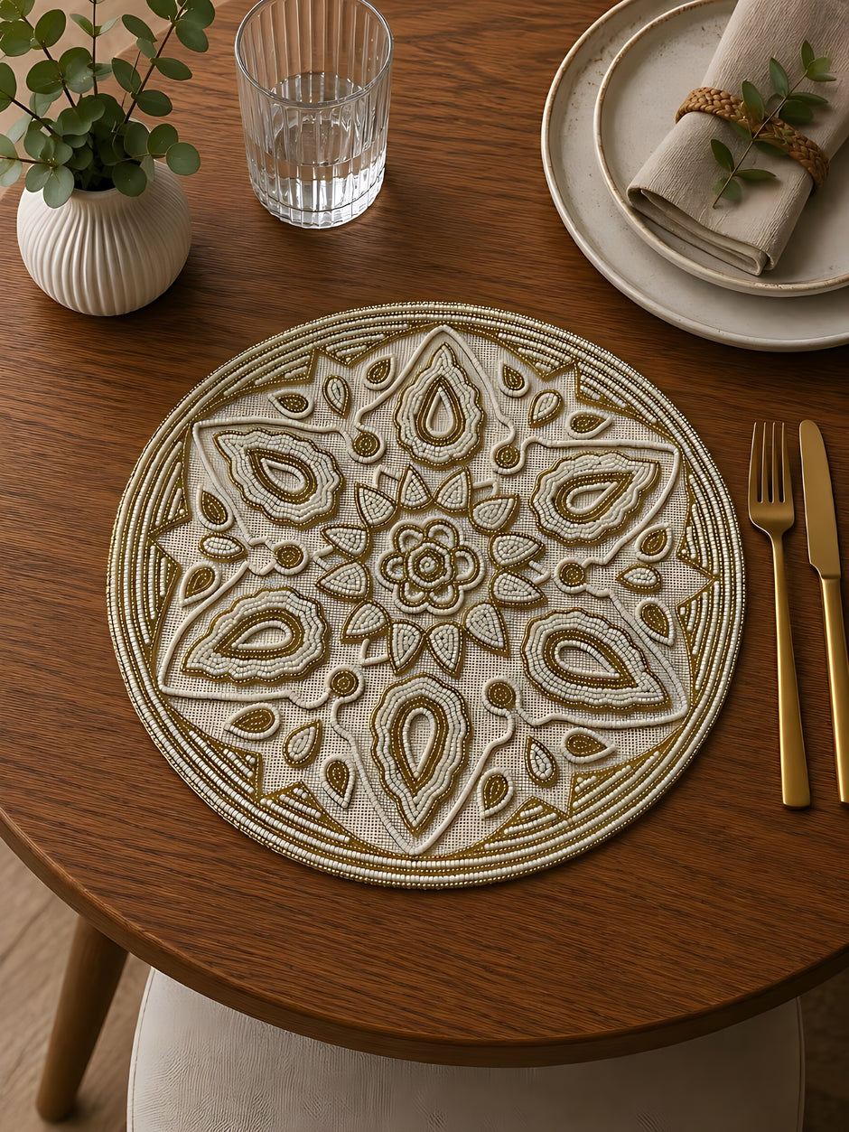 Ornate Gold & Ivory Beaded Round Placemat / Ruchi