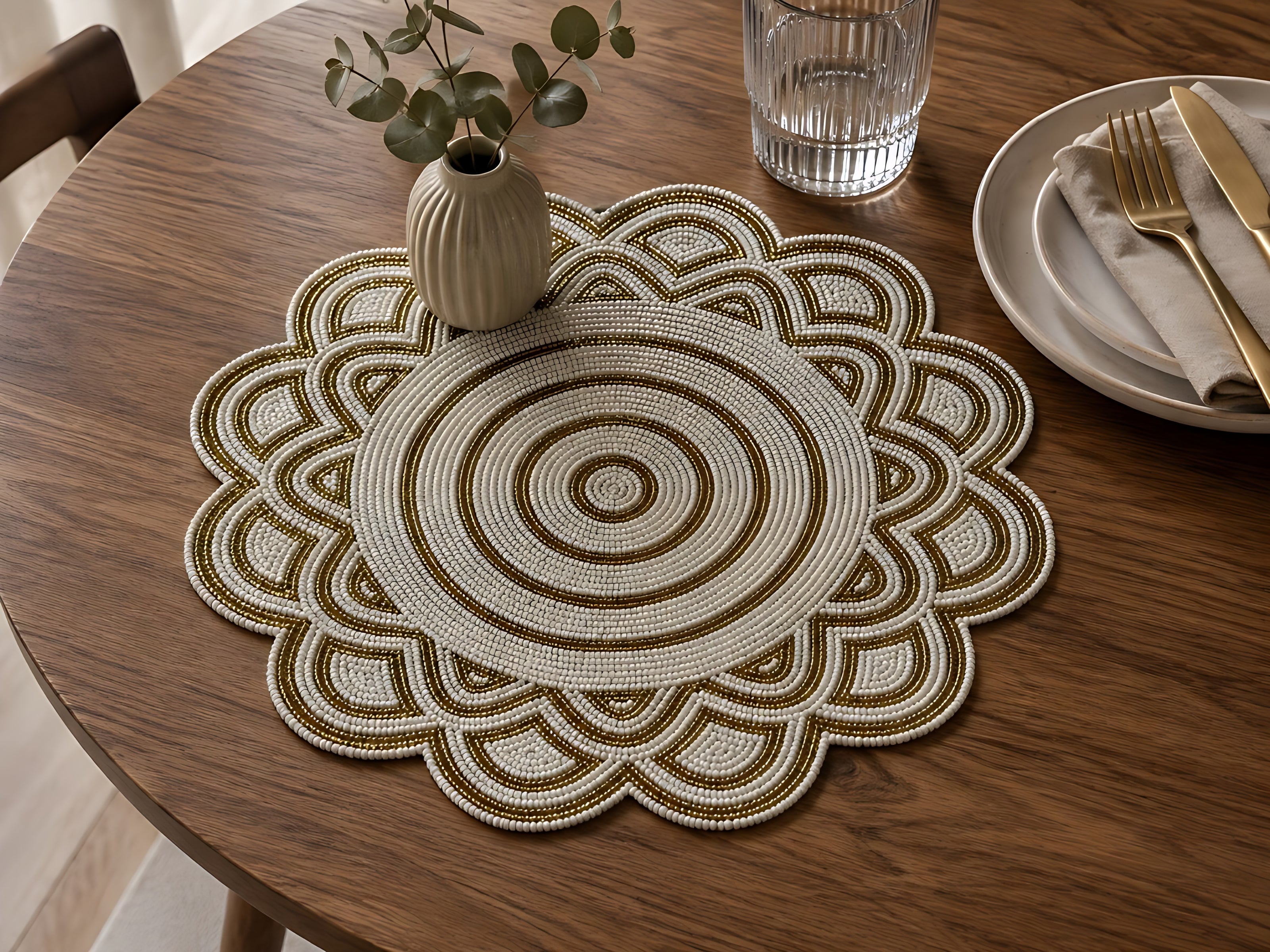 White & Gold Beaded Mandala Placemat Set of 2 / Ruchi