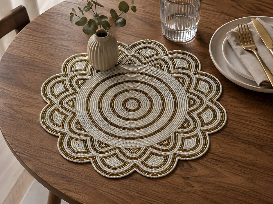 White & Gold Beaded Mandala Placemat Set of 2 / Ruchi